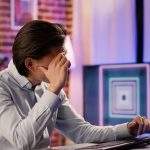 Asian freelancer with headache feeling distraught and overworked, doing remote startup job on computer. Being unhappy, worried, frustrated dealing with migraine and disappoitment.